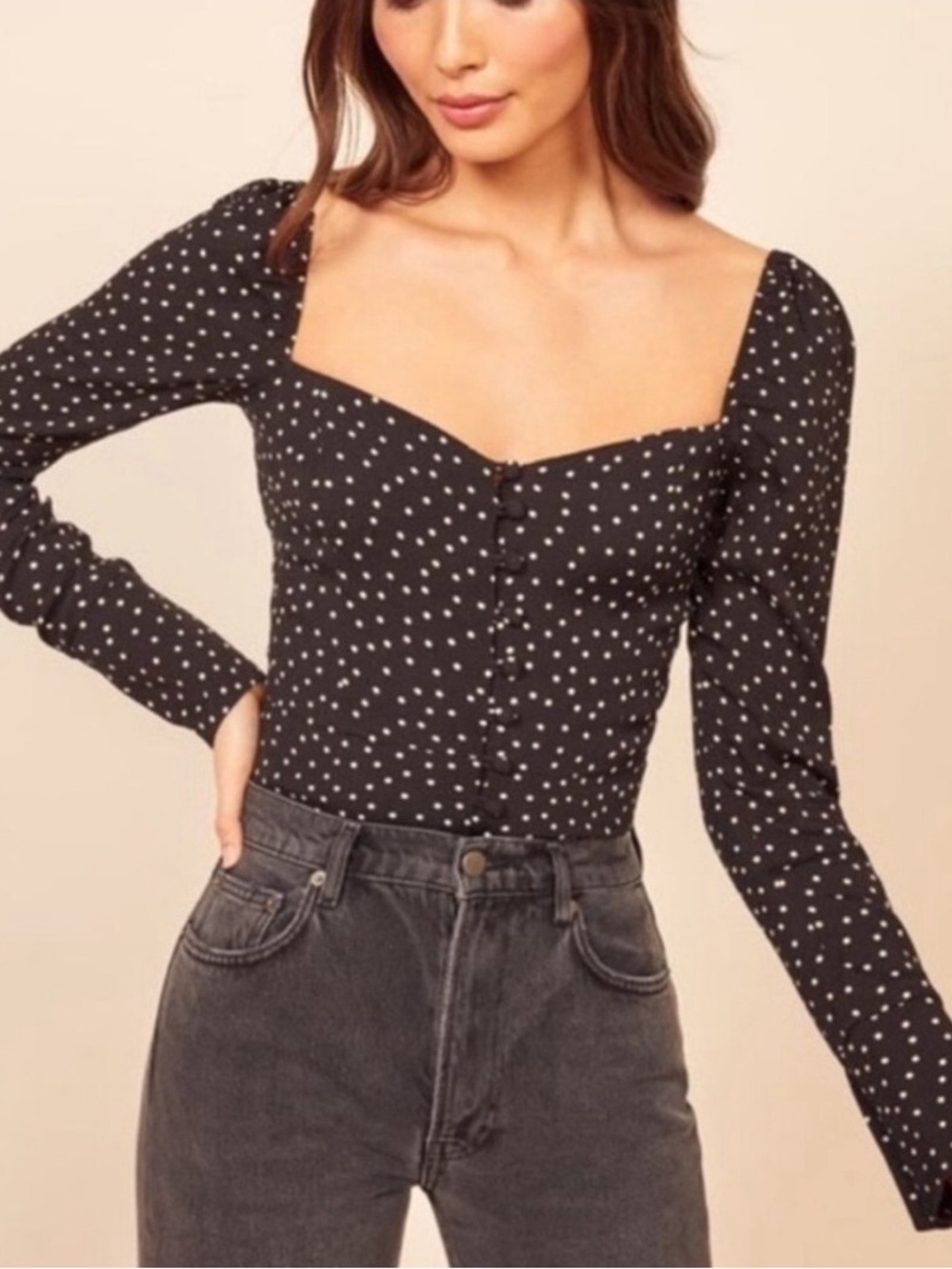 Reformation Black Polka Dot Sweetheart Long-Sleeve Top